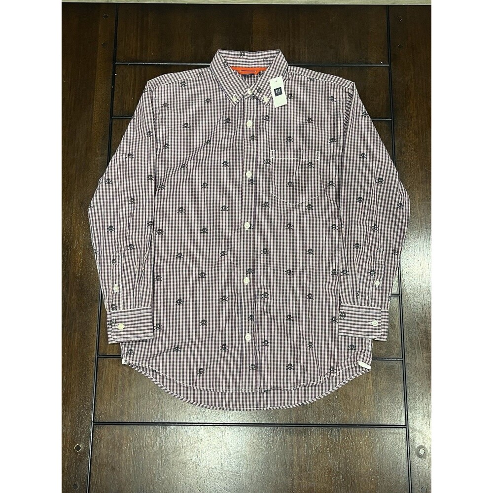 GAP Kids Skull Gingham Button Down Long Sleeve Shirt Size XXL (14-16) NEW